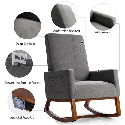 Goflame Upholstered Rocking Chair, Modern Fabric Armchair w/Wood Base