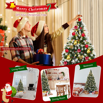 Goflame Pre-lit Snow Flocked Christmas Tree,Hinged Artificial Xmas Tree, Indoor Holiday Festival Decoration - GoflameUS