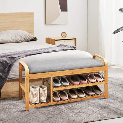 Goflame Shoe Rack Bench, Entryway 3-Tier Bamboo Shoe Organizer with Cushion (Natural and Grey)