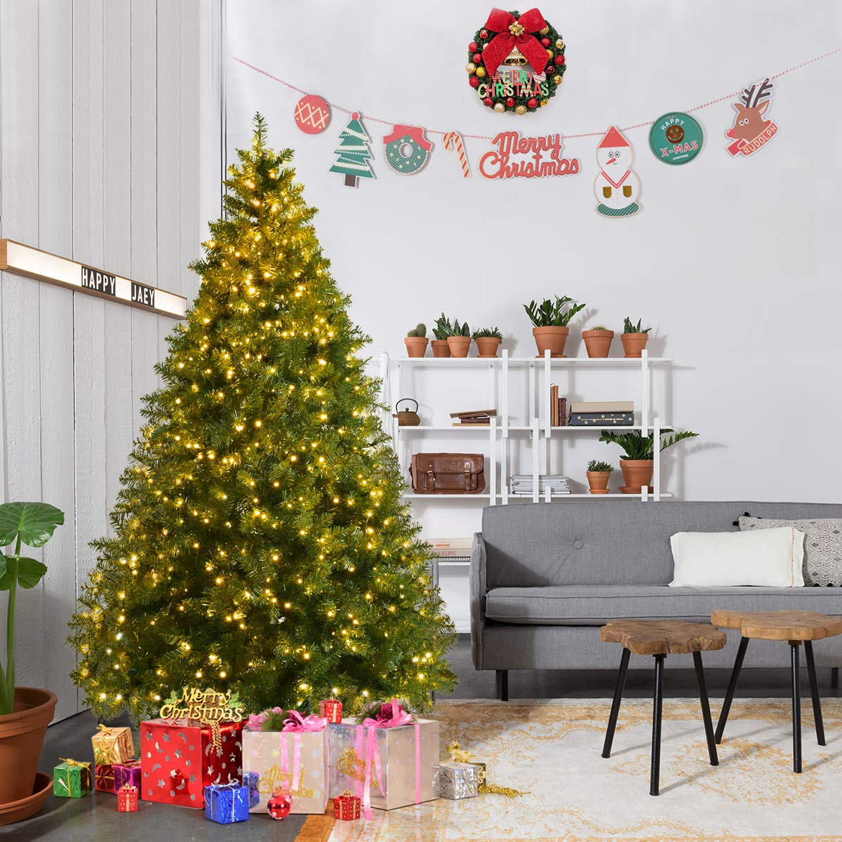 Goflame Pre-Lit Christmas Tree Artificial PVC Spruce Hinged with 560 LED Lights and Solid Metal Legs - GoflameUS