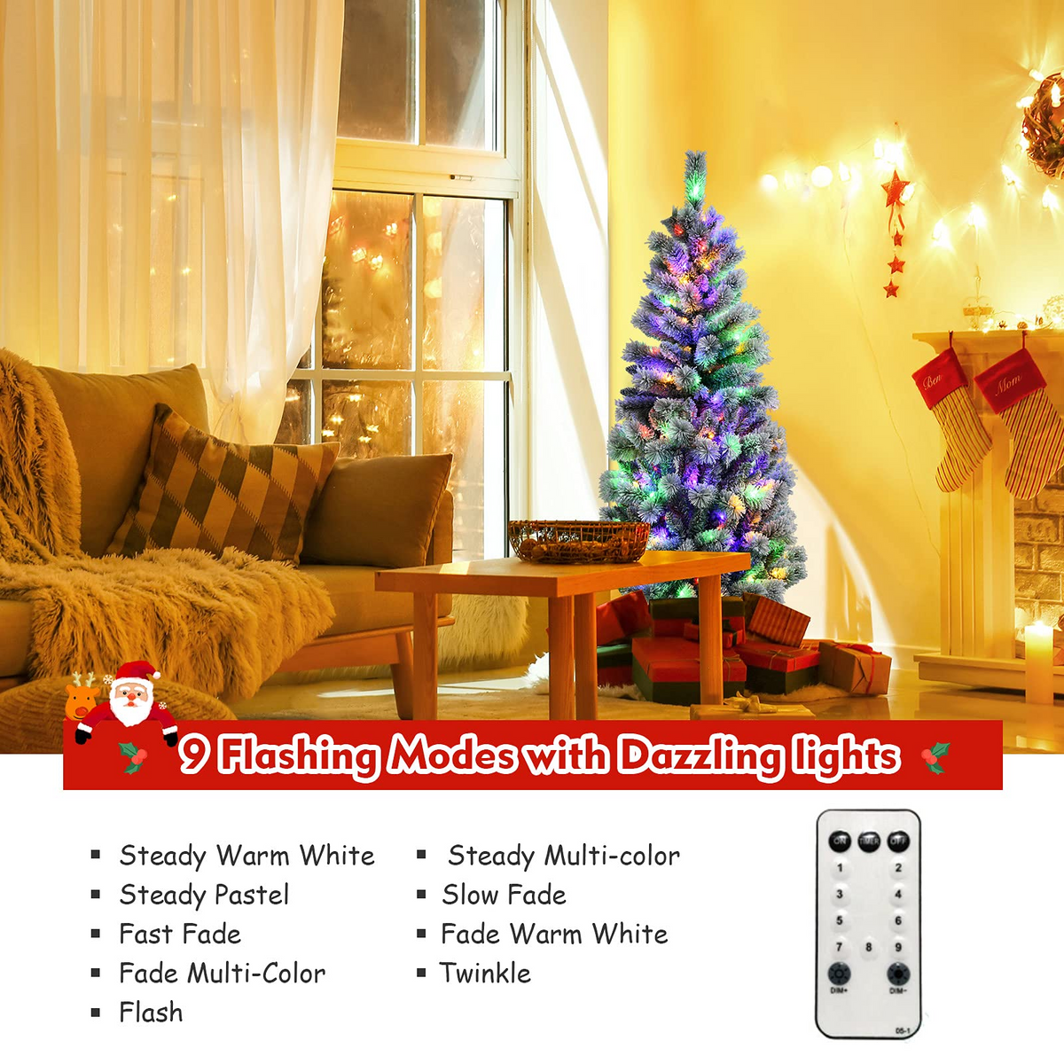 Goflame 5ft Pre-lit Snow Flocked Christmas Tree, Premium Hinged Artificial Pine Tree w/ 9 Lighting Modes & 140 Color Changing LED Lights - GoflameUS