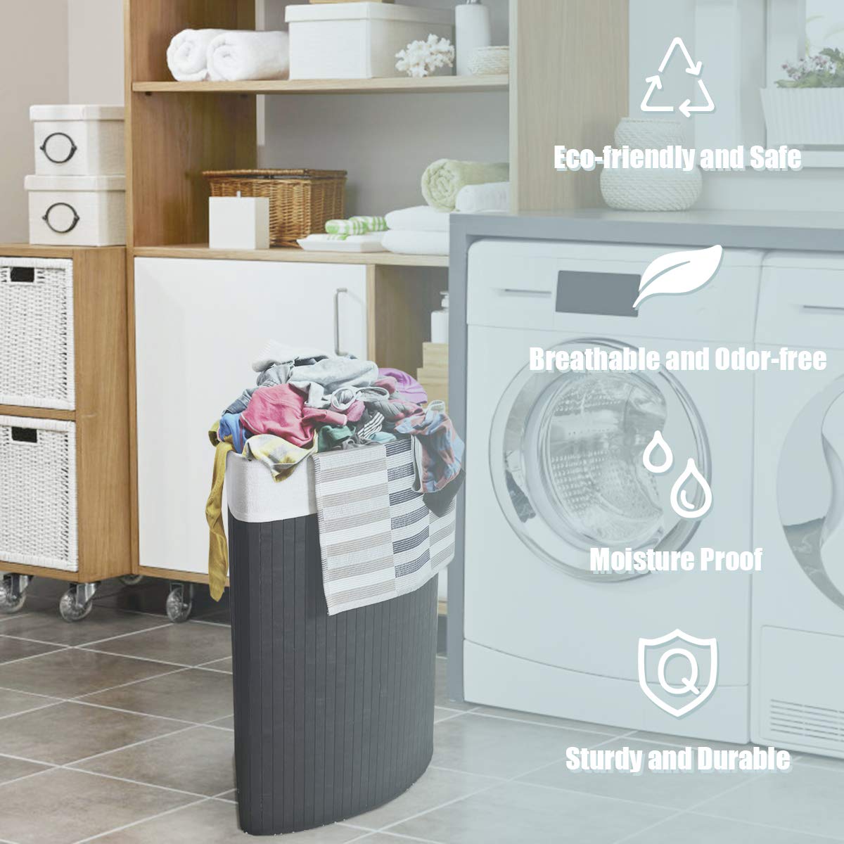 Goflame Corner Laundry Hamper with Lid, Bamboo Laundry Basket with Removable Liner and Handle