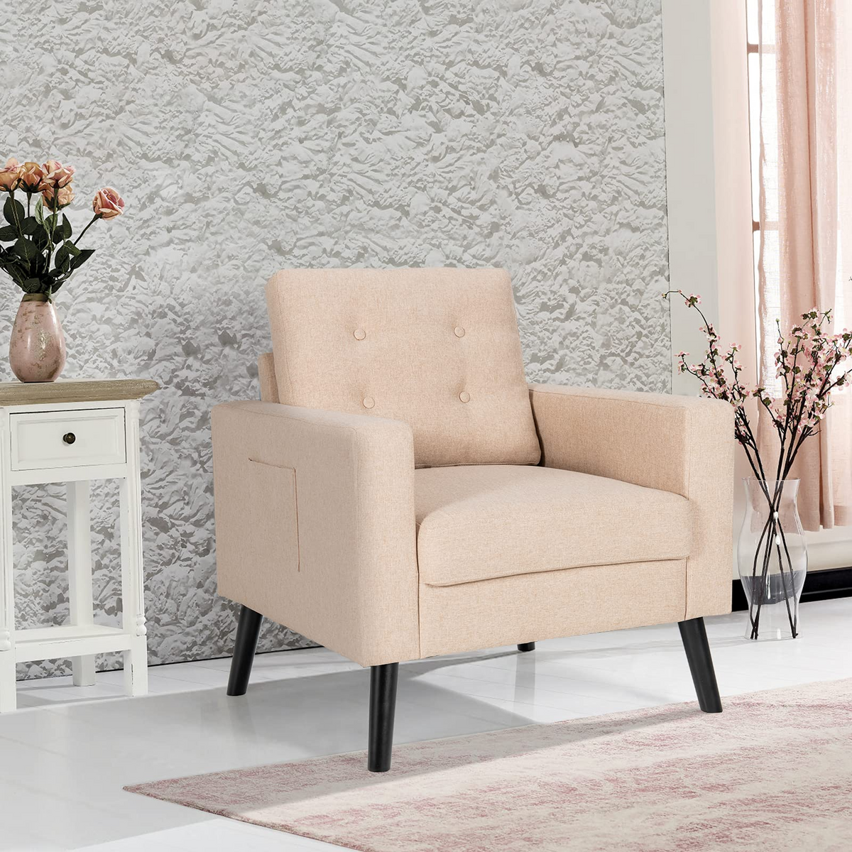 Linen Fabric Armchairs with Side Pockets and Wood Legs, Set of 2 - Goflame