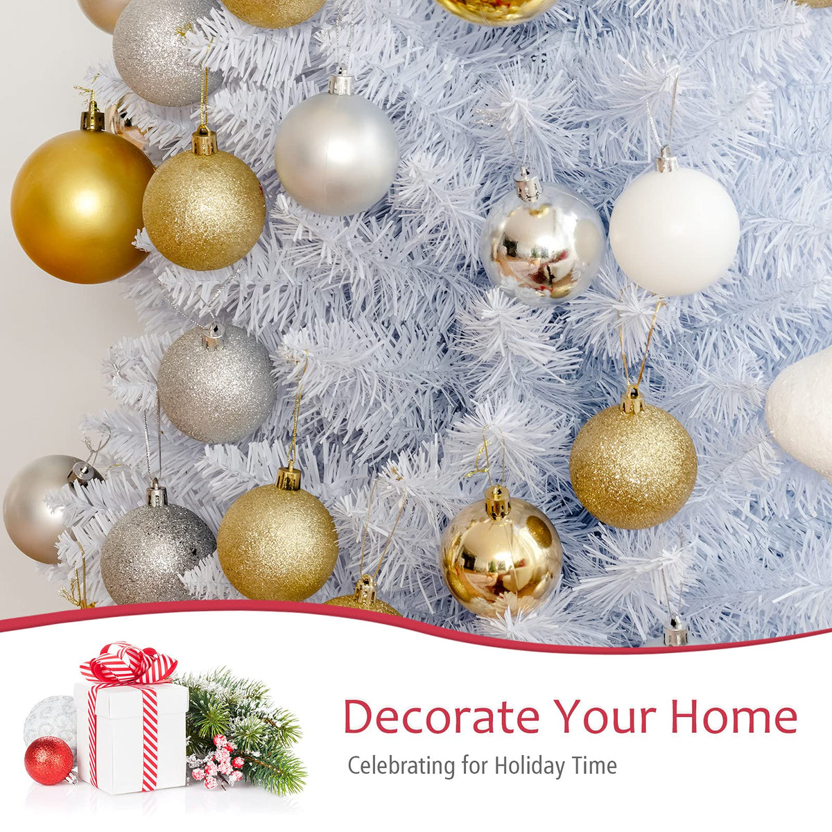 5FT / 6FT / 7FT Pencil Christmas Tree, Artificial Slim White Christmas Tree - GoflameUS