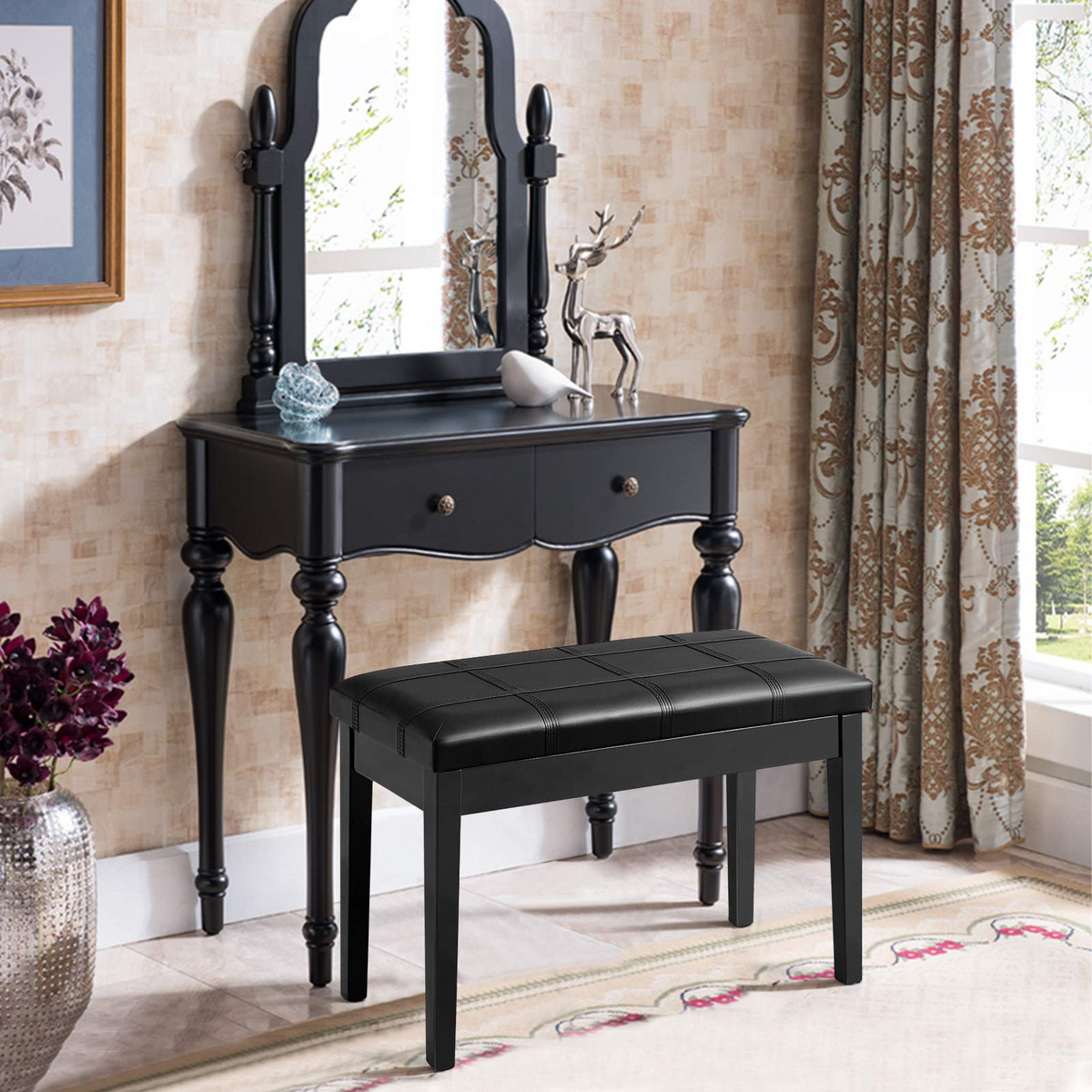Goflame Wooden Duet Piano Bench with Padded Cushion and Music Storage