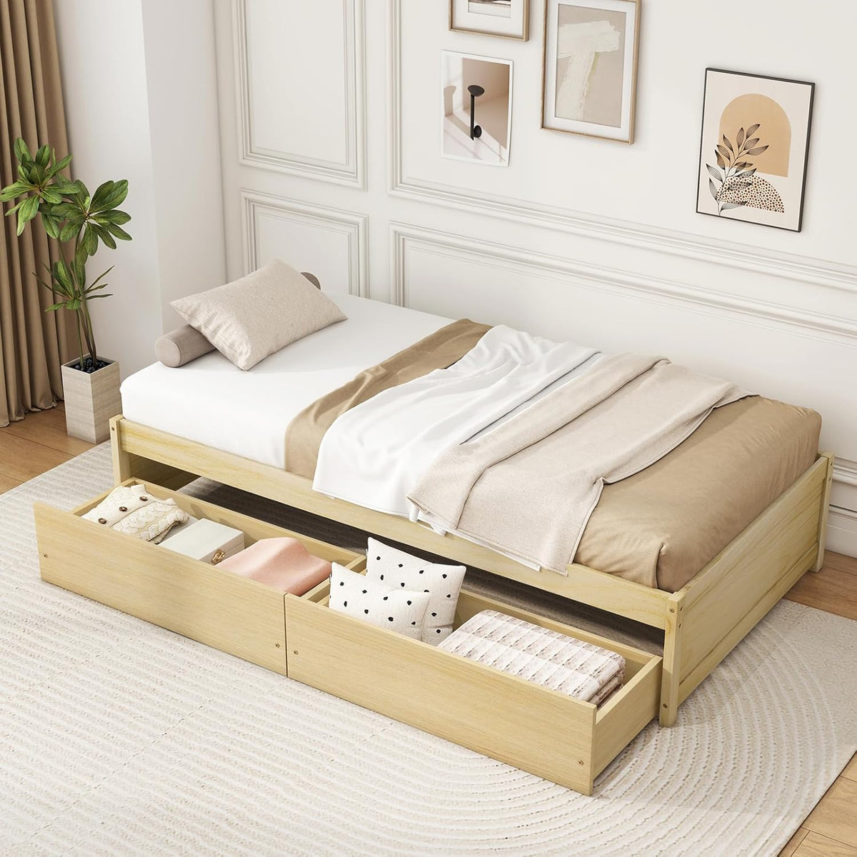 Goflame Queen/Full/Twin Size Bed Frame with 2 Storage Drawers, Solid Wood Platform Bed with Slats Support