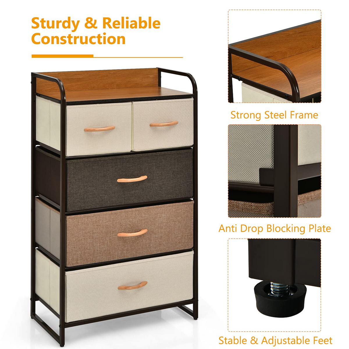 Goflame Sturdy Steel Frame & Wooden Top Vertical Organizer Unit for Closets, Bedroom Utility Dresser Chest (23 x 11.5 x 39 inch)