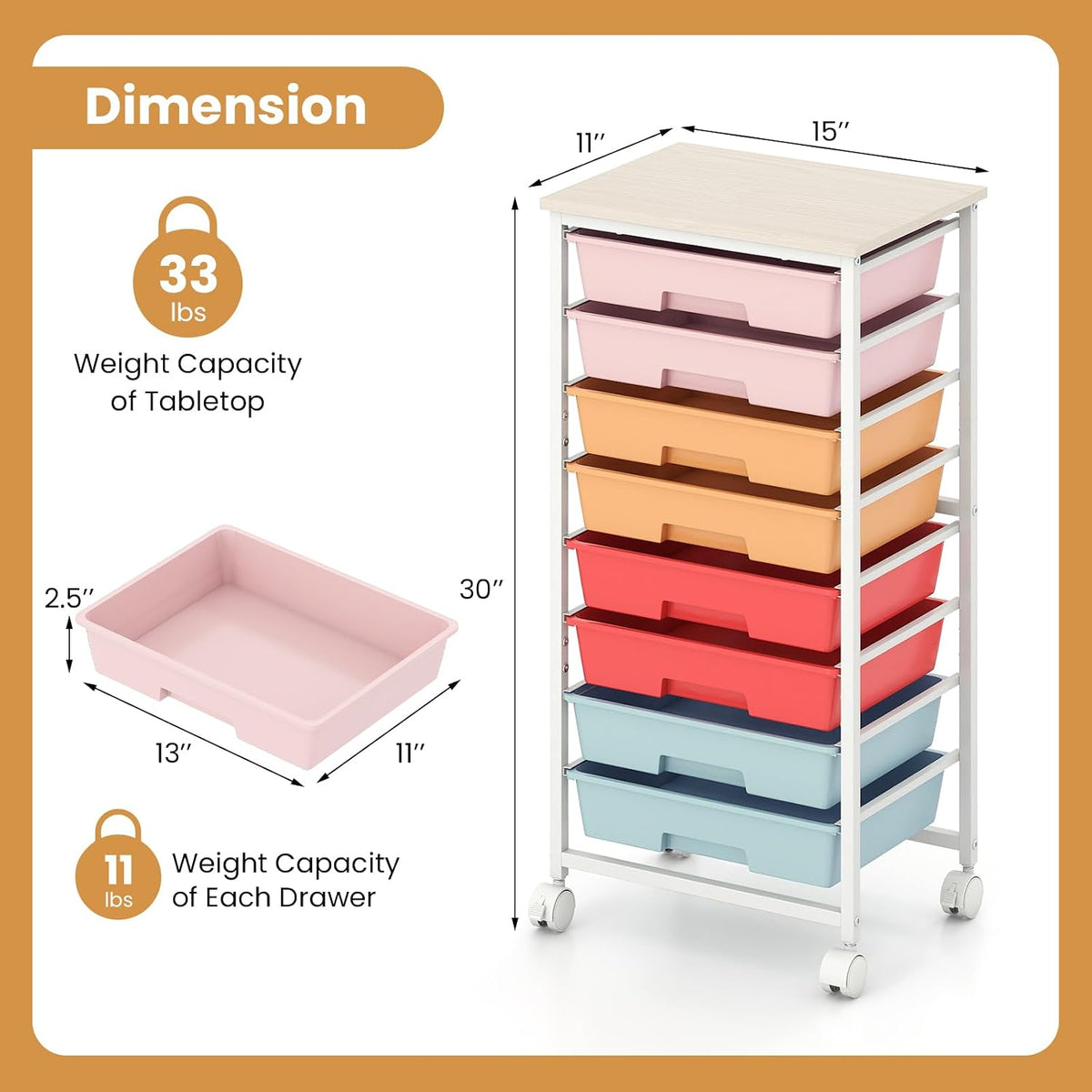 GOFLAME Rolling Storage Cart with Wooden Top, Macaron Color