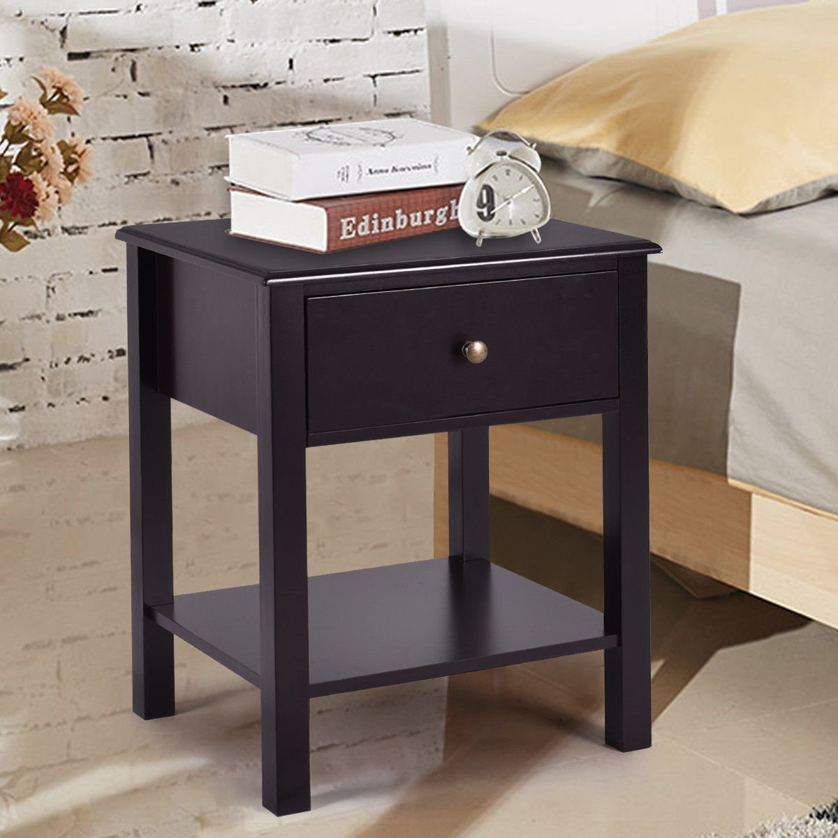 Goflame Nightstand W/Drawer and Shelf, Stable Frame Storage Cabinet