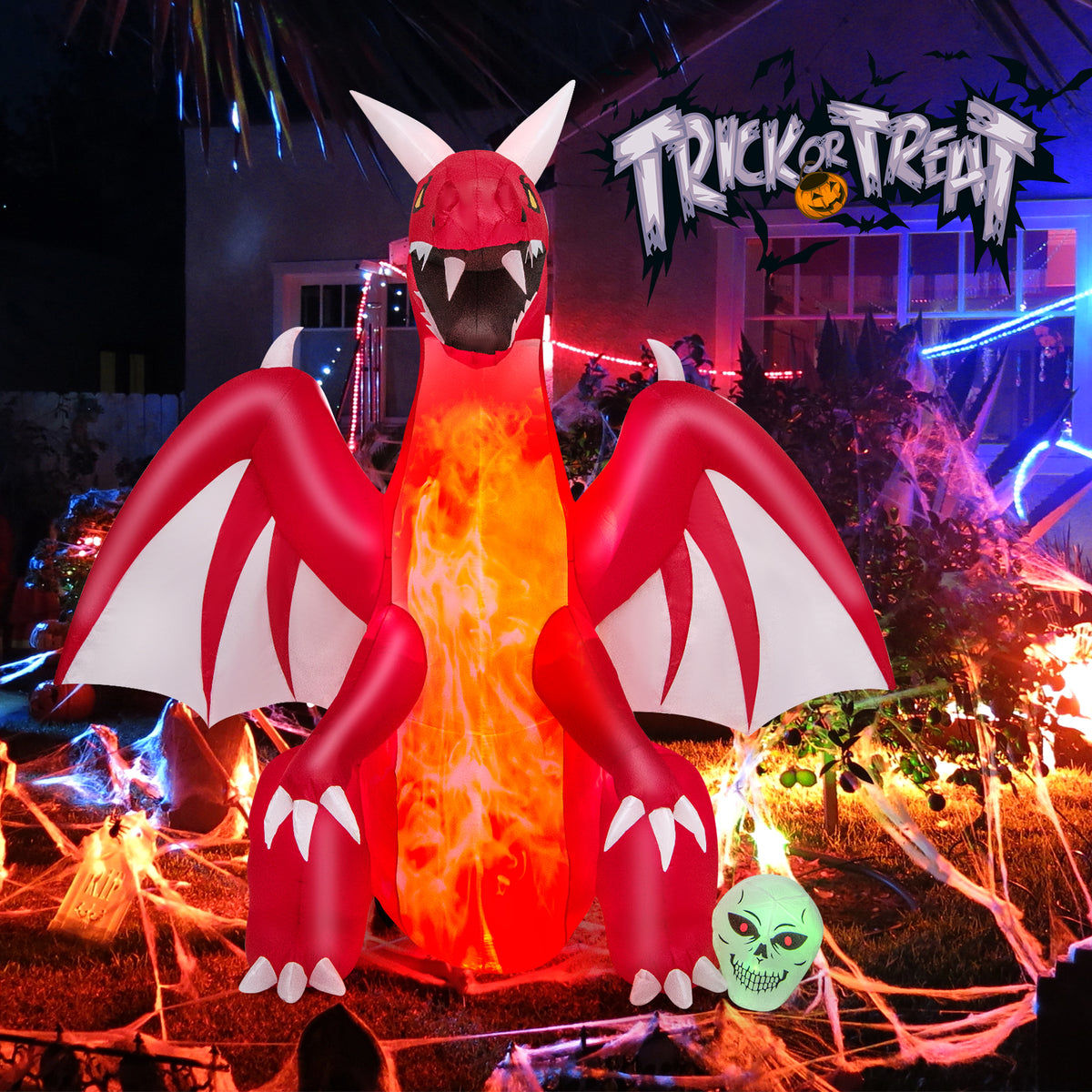 8 FT Halloween Inflatable Fire Dragon, Flash Blow up Lighted Inflatables with Multi-Color Skull