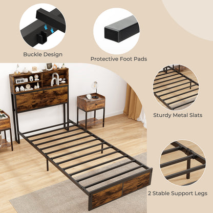 Full Size Bed Frame with Storage Headboard, Metal Platform Bed Base with Charging Station & Under Bed Storage