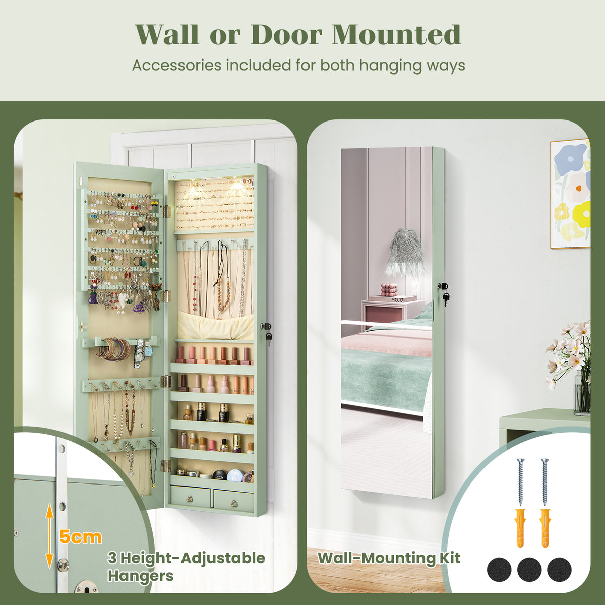 Jewelry Cabinet Wall Door Mounted, 47.5” Frameless Full Length Mirror with Storage & LED Lights