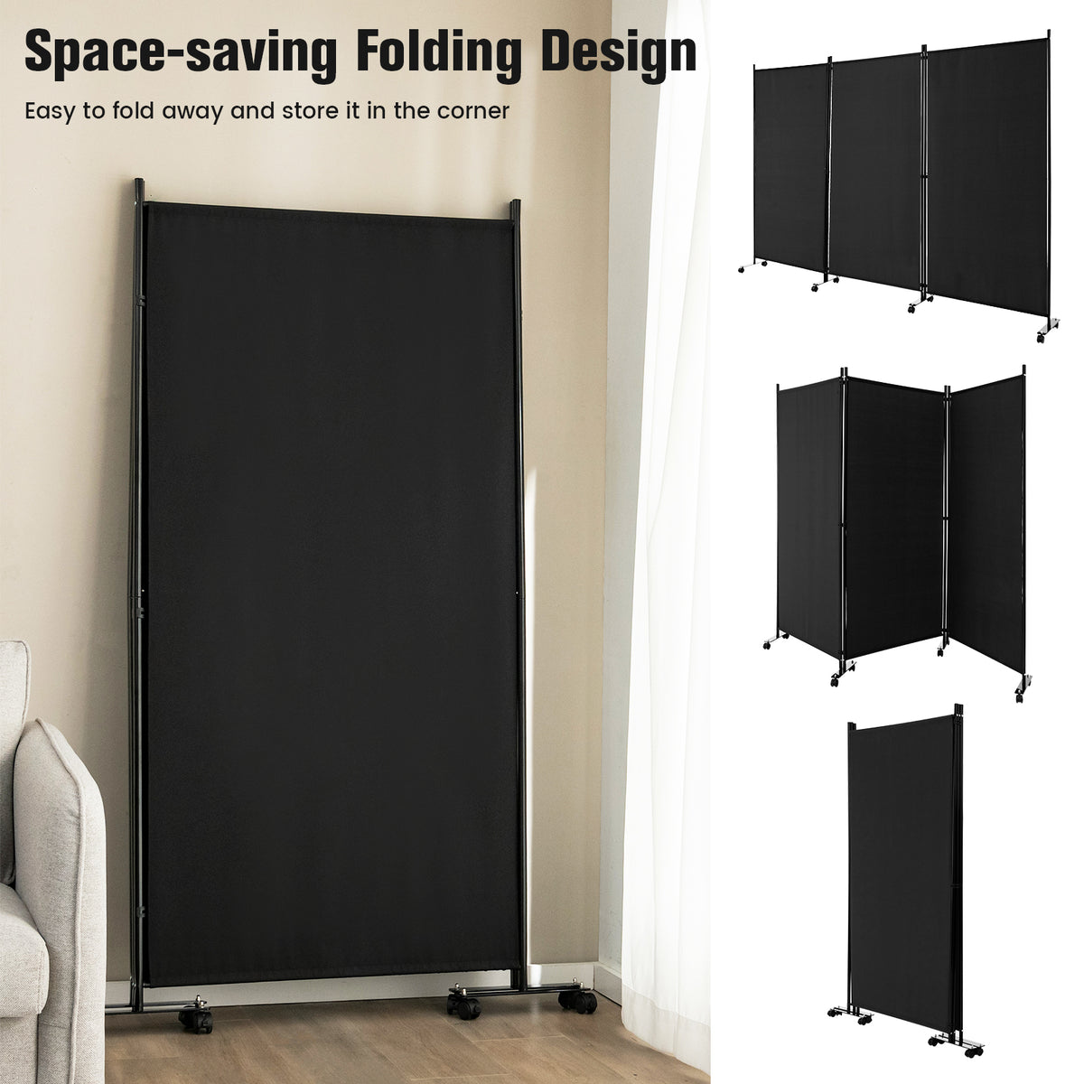 3 Panel Folding Room Divider, 6FT Rolling Privacy Screen with Lockable Wheels