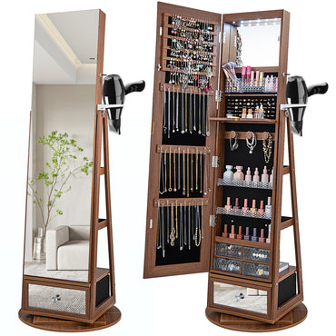 360 Rotating Jewelry Cabinet with Full Length Mirror, Standing LED Jewelry Armoire