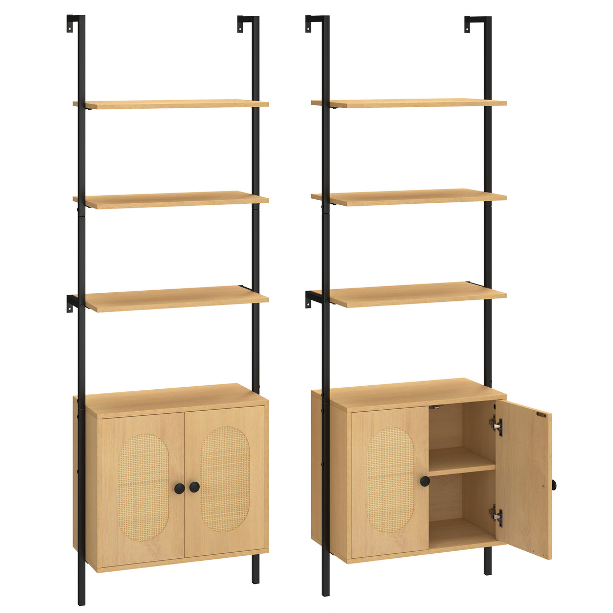 72.5'' Tall Bookshelf with Cabinet, 4-Tier Wall Mount Ladder Shelf with Rattan Cabinet