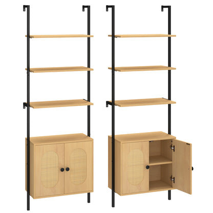 72.5'' Tall Bookshelf with Cabinet, 4-Tier Wall Mount Ladder Shelf with Rattan Cabinet