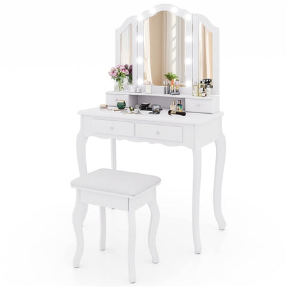 Makeup Vanity Set with Tri-Fold Mirror & Dimmable Lights, Vanity Desk and Cushioned Stool Set with 4 Drawers