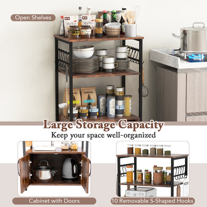 Kitchen Baker's Rack with Cabinet, 3-Tier Pantry Cabinet with 2 Open Shelves
