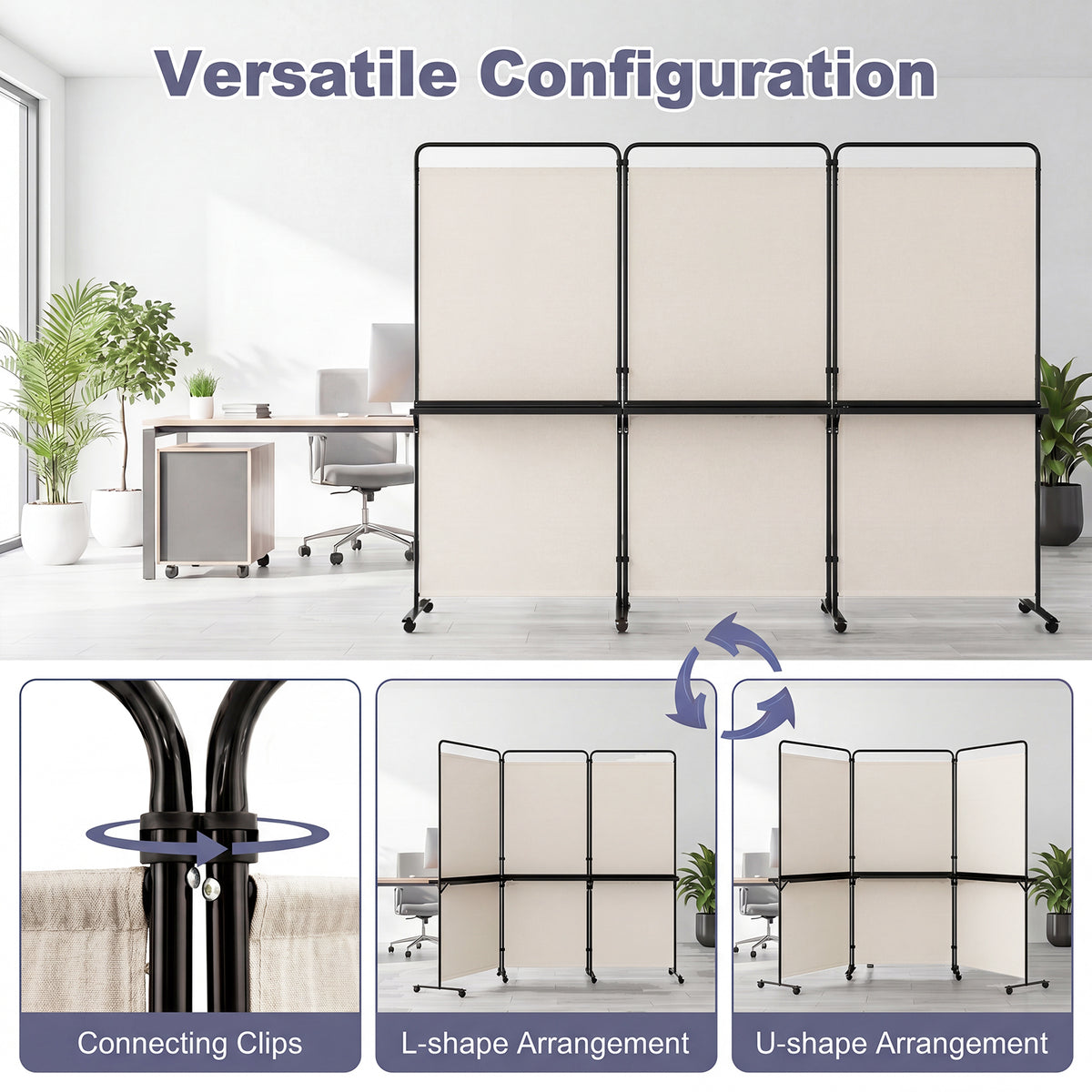 3 Panel Room Divider with Storage Shelves, 6FT Folding Privacy Screen with Lockable Wheels