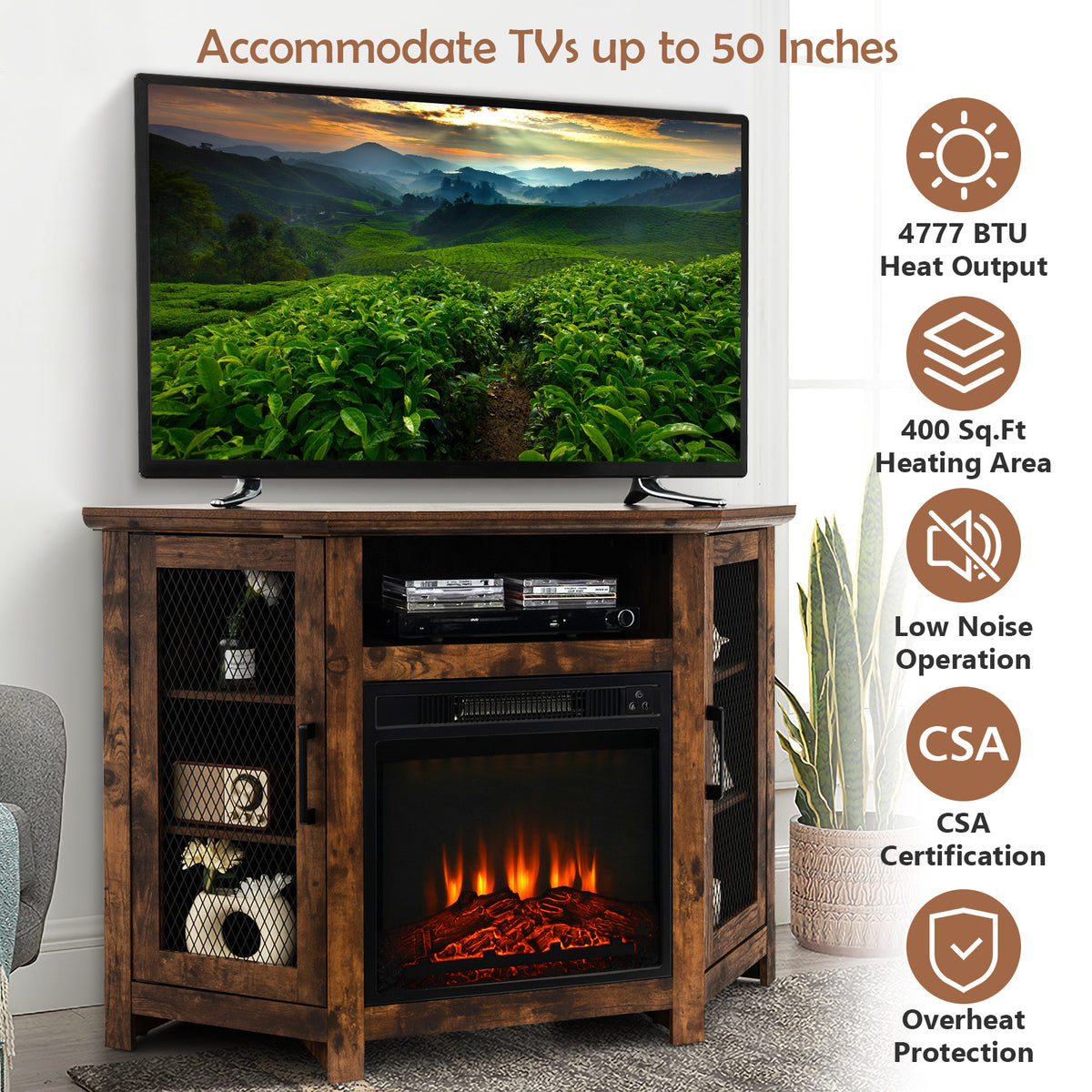 Corner Fireplace TV Stand with LED Lights for TVs up to 50”, Modern Entertainment Center with Electric Fireplace