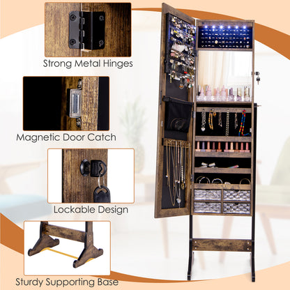 Jewelry Cabinet Freestanding, Lockable Jewelry Armoire Organizer with Full-length Frameless Mirror
