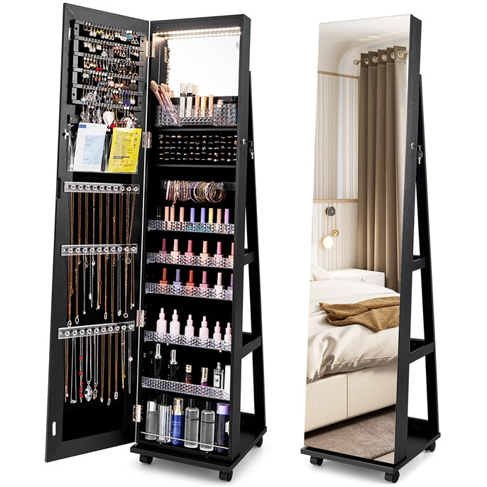 Jewelry Cabinet with Full Length Mirror, Lockable Jewelry Storage Organizer with Wheels