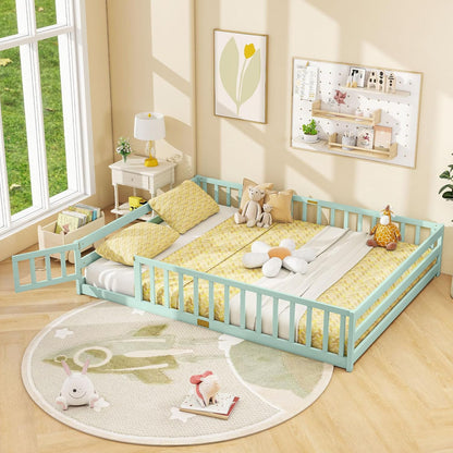Goflame Floor Bed with Door & Fence Kids Wood Montessori Beds with Safety Guardrails