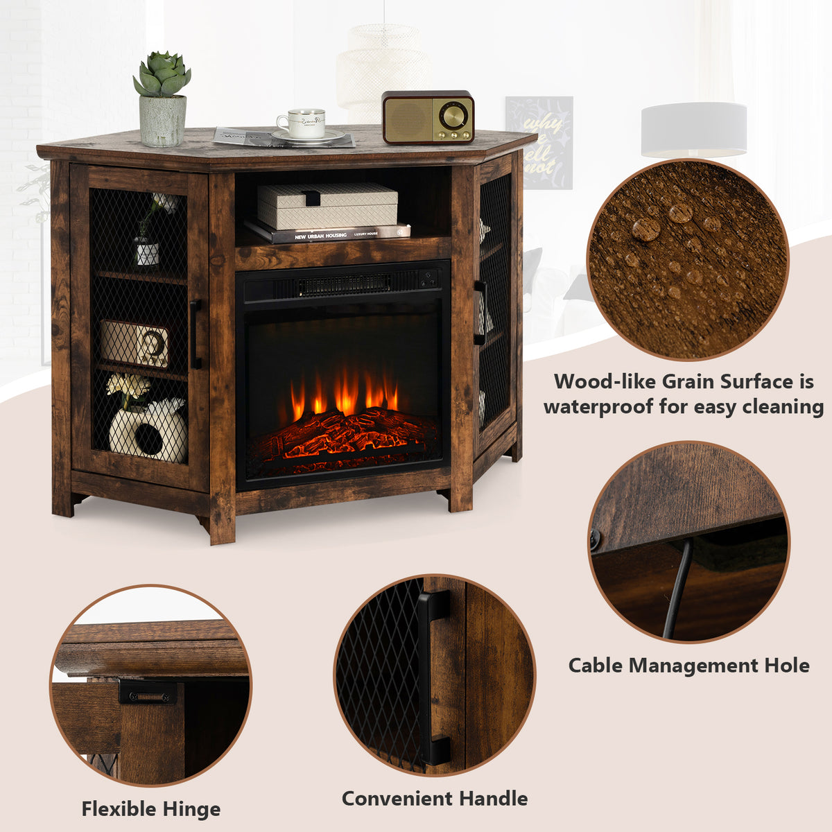 Corner Fireplace TV Stand with LED Lights for TVs up to 50”, Modern Entertainment Center with Electric Fireplace