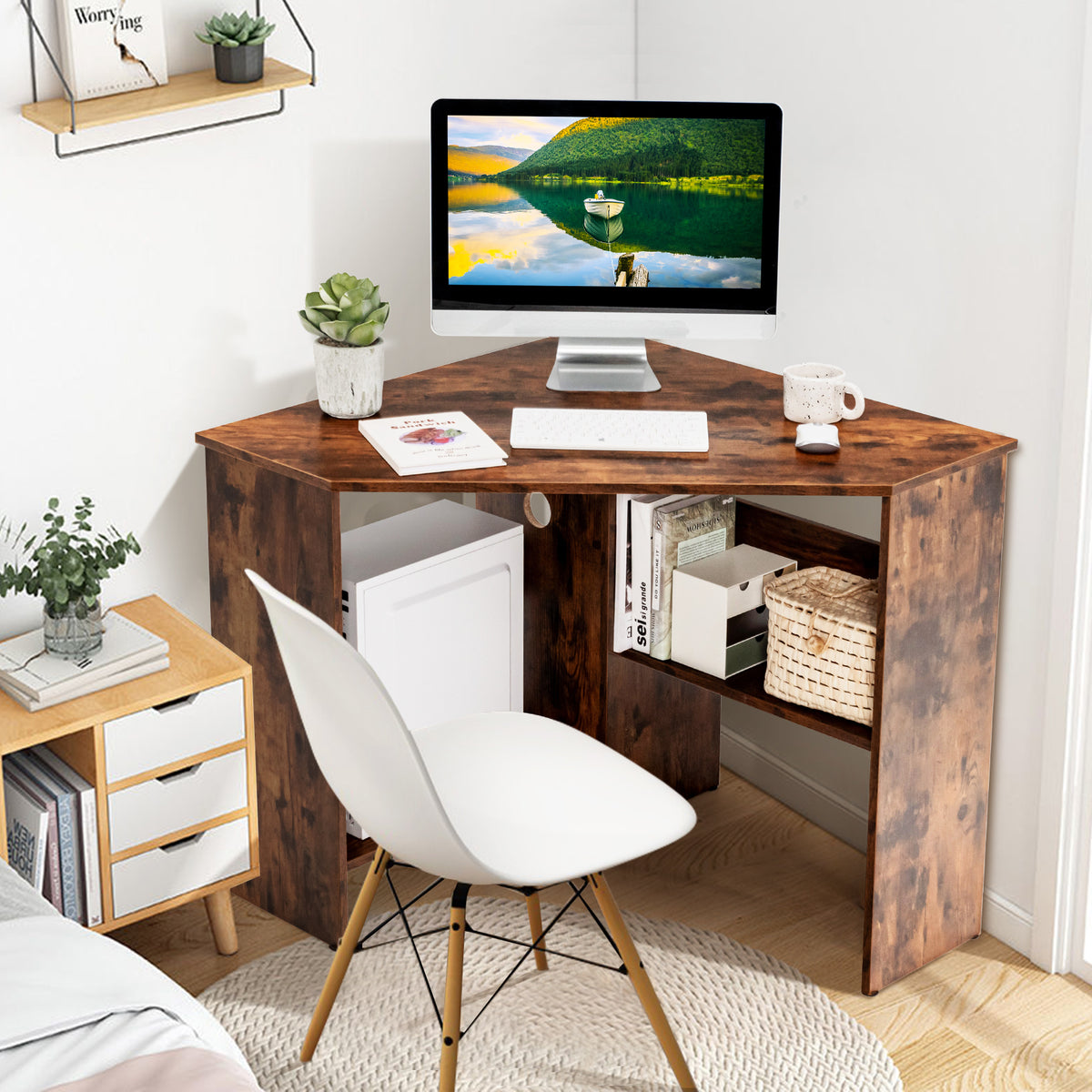 Corner Desk with Storage Shelves, Triangular Computer Desk with Cable Management Holes