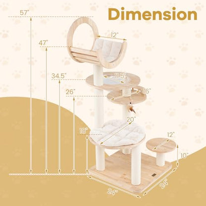 57" Solid Wood Cat Tree for Indoor Cats, Multi-Level Kitten Tower with Perch, Scratching Posts, Washable Cushions, 4 Setup Options Cat Climbing Activity Center