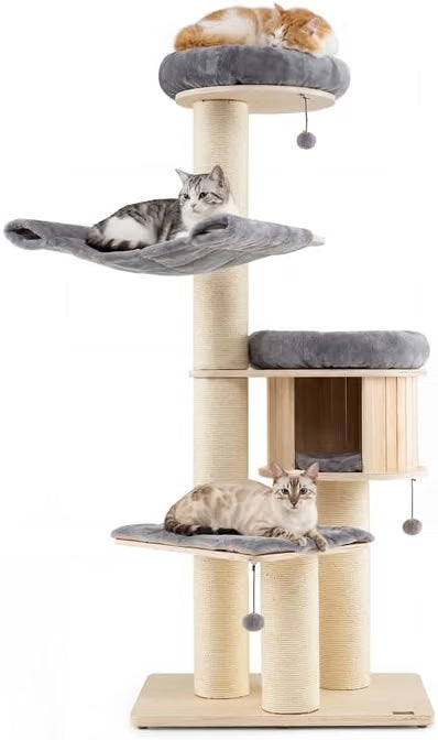 68.5" Wooden Cat Tree Tower, Multi-Tier Tall Cat Activity Tree with Top Plush Perch, Cat Condo, Hammock, Jingling Fur Balls, Platform, Soft Removable Cushions, for Indoor Cats Kittens to Play/Rest