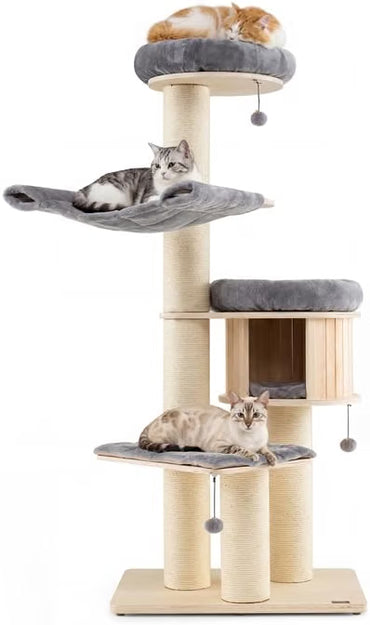 68.5" Wooden Cat Tree Tower, Multi-Tier Tall Cat Activity Tree with Top Plush Perch, Cat Condo, Hammock, Jingling Fur Balls, Platform, Soft Removable Cushions, for Indoor Cats Kittens to Play/Rest