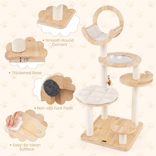 57" Solid Wood Cat Tree for Indoor Cats, Multi-Level Kitten Tower with Perch, Scratching Posts, Washable Cushions, 4 Setup Options Cat Climbing Activity Center
