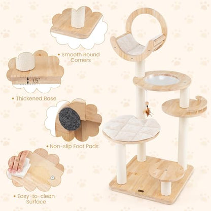 57" Solid Wood Cat Tree for Indoor Cats, Multi-Level Kitten Tower with Perch, Scratching Posts, Washable Cushions, 4 Setup Options Cat Climbing Activity Center