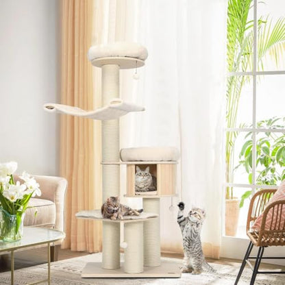68.5" Wooden Cat Tree Tower, Multi-Tier Tall Cat Activity Tree with Top Plush Perch, Cat Condo, Hammock, Jingling Fur Balls, Platform, Soft Removable Cushions, for Indoor Cats Kittens to Play/Rest