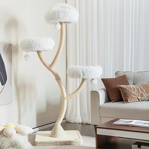 70" Cat Tree Tower, 4-Tier Cat Activity Center with Curved Metal Frame, Sisal Scratching Posts and Board, 3 Plush Perches, Hanging Balls, Cat Furniture for Large Small Cats