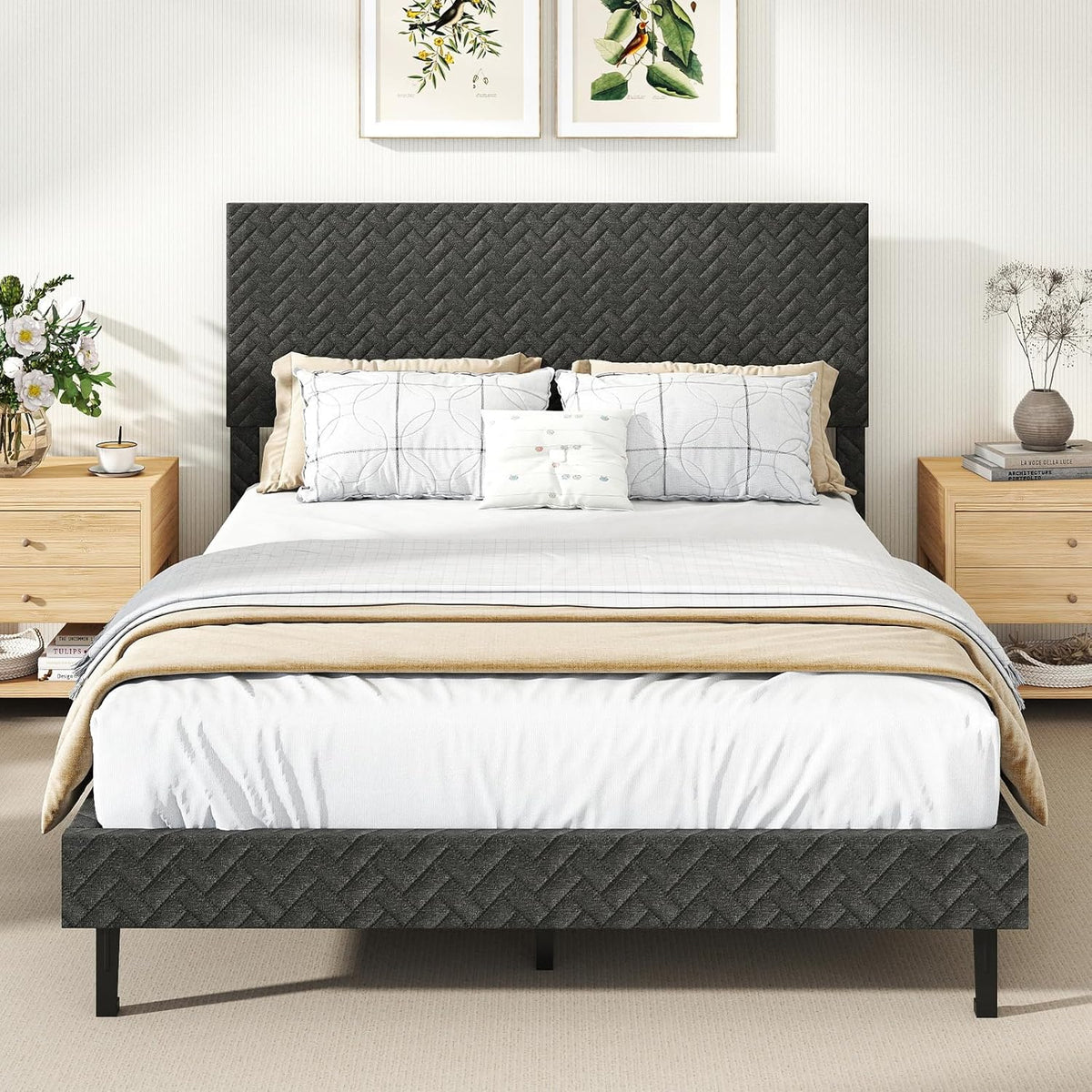 Goflame Bed Frame | Velvet Upholstered Platform Bed w/Height Adjustable Chevron Headboard