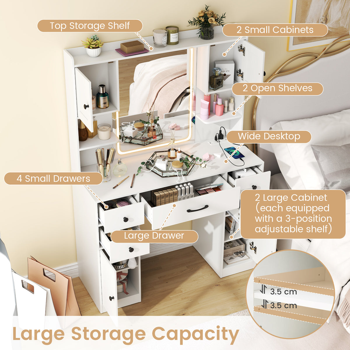Makeup Vanity Desk with Mirror and Lights, Dressing Table with Charging Station