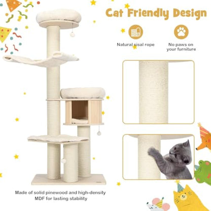 68.5" Wooden Cat Tree Tower, Multi-Tier Tall Cat Activity Tree with Top Plush Perch, Cat Condo, Hammock, Jingling Fur Balls, Platform, Soft Removable Cushions, for Indoor Cats Kittens to Play/Rest