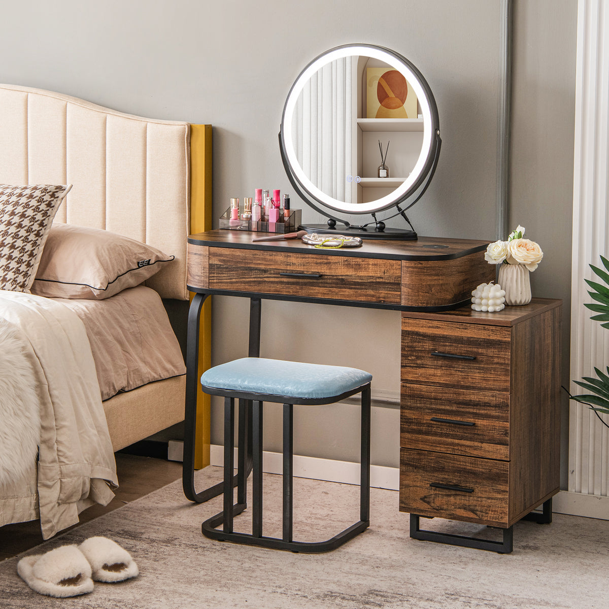 Vanity Table Set with 3-Color Lighted Swivel Touch Screen Mirror, Dressing Table Set with Human Body Induction