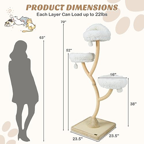 70" Cat Tree Tower, 4-Tier Cat Activity Center with Curved Metal Frame, Sisal Scratching Posts and Board, 3 Plush Perches, Hanging Balls, Cat Furniture for Large Small Cats