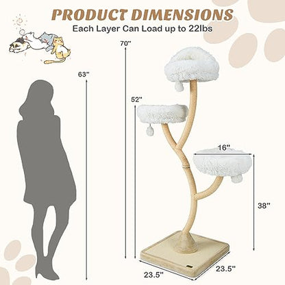 70" Cat Tree Tower, 4-Tier Cat Activity Center with Curved Metal Frame, Sisal Scratching Posts and Board, 3 Plush Perches, Hanging Balls, Cat Furniture for Large Small Cats