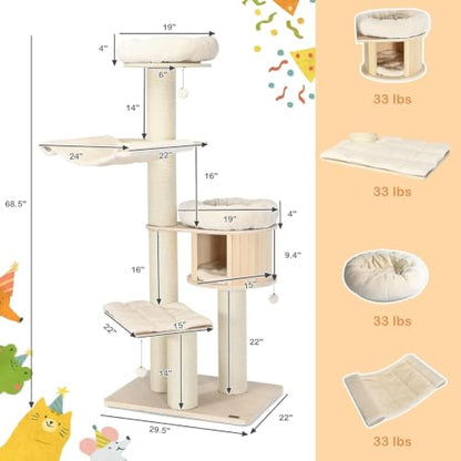 68.5" Wooden Cat Tree Tower, Multi-Tier Tall Cat Activity Tree with Top Plush Perch, Cat Condo, Hammock, Jingling Fur Balls, Platform, Soft Removable Cushions, for Indoor Cats Kittens to Play/Rest