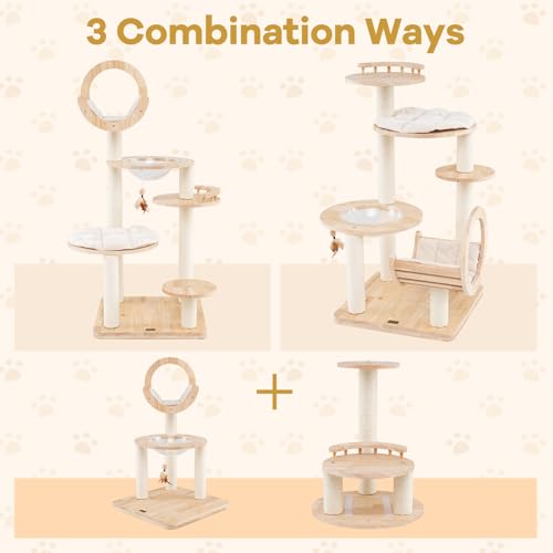 57" Solid Wood Cat Tree for Indoor Cats, Multi-Level Kitten Tower with Perch, Scratching Posts, Washable Cushions, 4 Setup Options Cat Climbing Activity Center