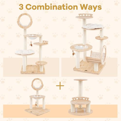 57" Solid Wood Cat Tree for Indoor Cats, Multi-Level Kitten Tower with Perch, Scratching Posts, Washable Cushions, 4 Setup Options Cat Climbing Activity Center