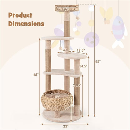 Tall 59" Cat Tree with Sisal Scratching Posts, Cozy Hammock, Washable Cushions, Multi-Level Cat Tower Activity Center for Kittens and Adult Cats Indoor