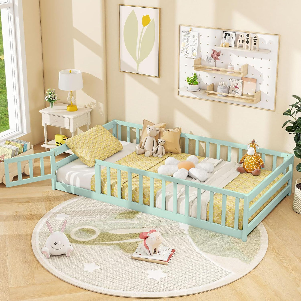 Goflame Floor Bed with Door & Fence Kids Wood Montessori Beds with Safety Guardrails