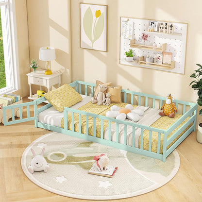 Goflame Floor Bed with Door & Fence Kids Wood Montessori Beds with Safety Guardrails