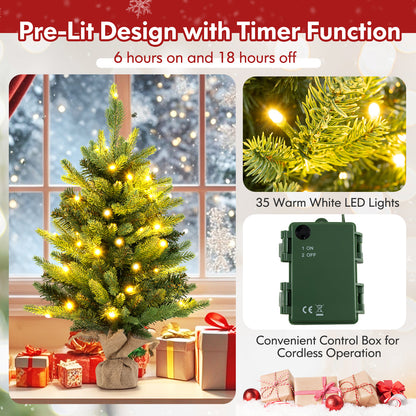 2FT Pre-Lit Artificial Mini Christmas Tree, Small Tabletop Xmas Fir Tree with 234 Branch Tips