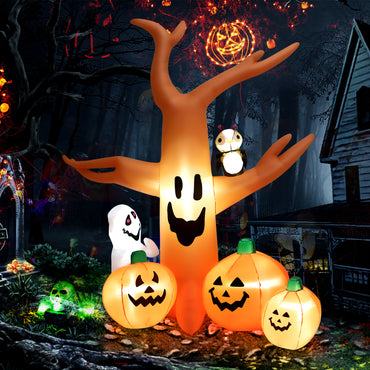 8 FT Halloween Inflatable Dead Tree with Pumpkins, Ghost and Owl, Blow up Yard Scary Tree with Bright LED Lights
